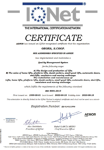 Quanlity Management System Iso9001 of Orona